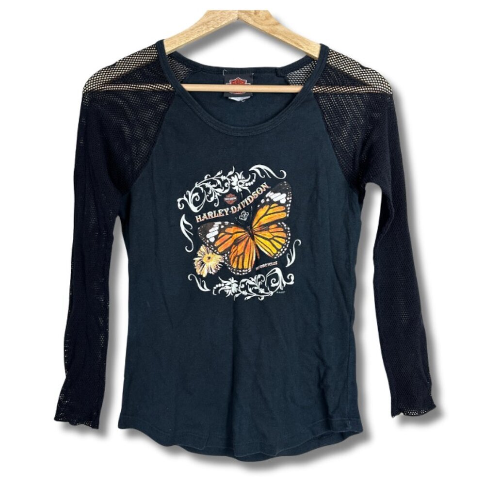 Harley-Davidson Black Long Sleeve Mesh Raglan Tee with Orange Butterfly Graphic